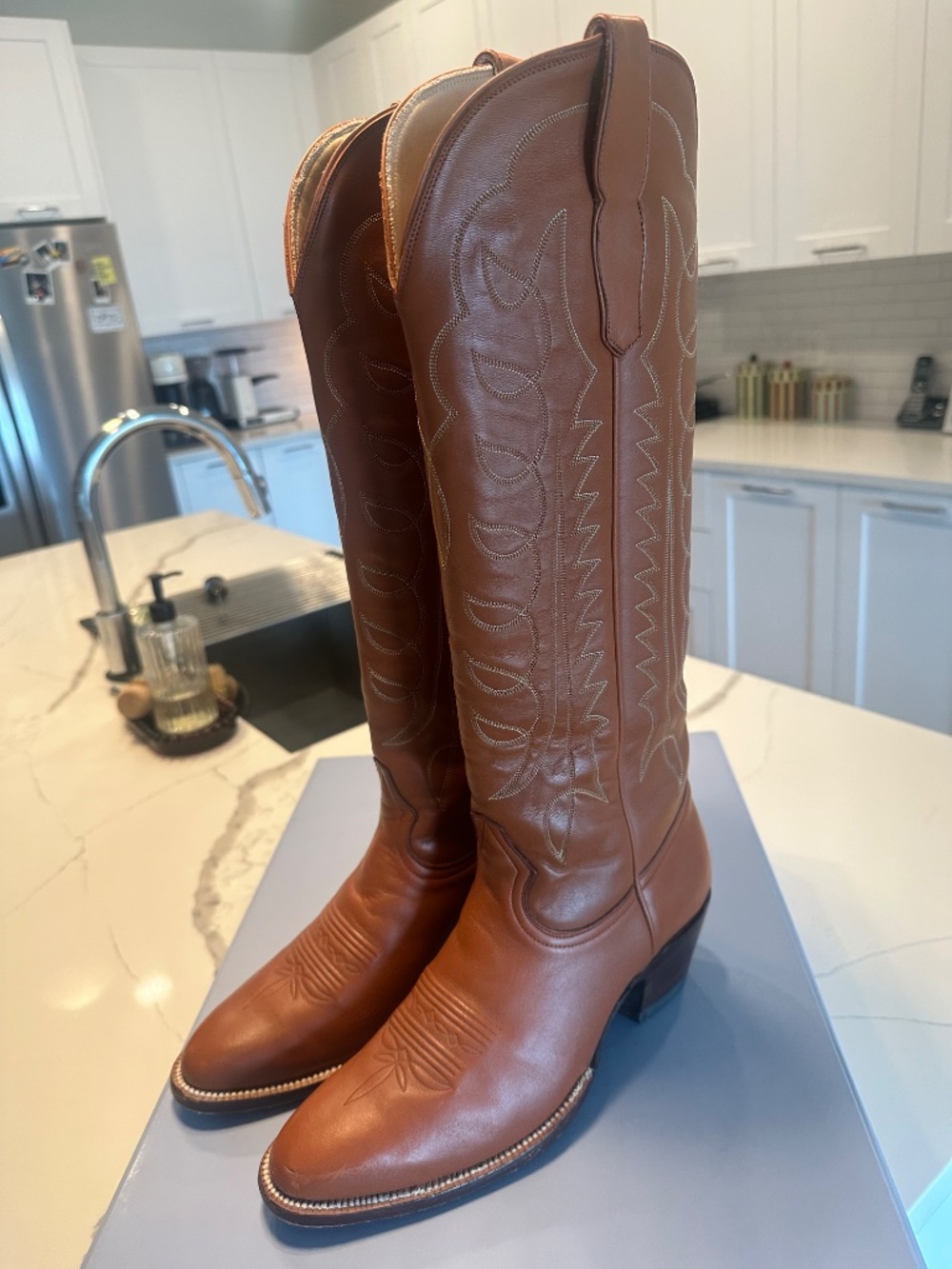 Handmade Calfskin Brown Tall Cowboy Boots - Picture 4 of 8